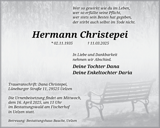 Traueranzeige von Hermann Christepei von Volksstimme Altmark Ost