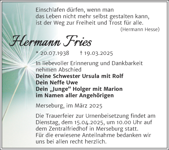 Traueranzeige von Hermann Fries von Trauerkombi Merseburg