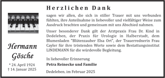 Traueranzeige von Hermann Gösche von Volksstimme Halberstadt
