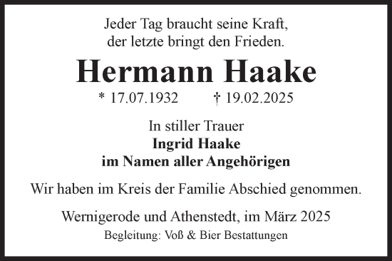Traueranzeige von Hermann Haake von Volksstimme Wernigerode