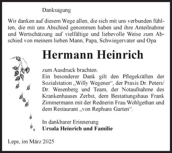 Traueranzeige von Hermann Heinrich von Volksstimme Zerbst