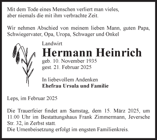 Traueranzeige von Hermann Heinrich von Volksstimme Zerbst