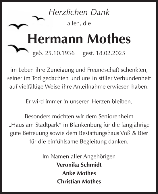 Traueranzeige von Hermann Mothes von Volksstimme Wernigerode