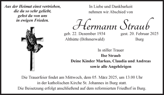 Traueranzeige von Hermann Straub von Volksstimme Burg/Genthin