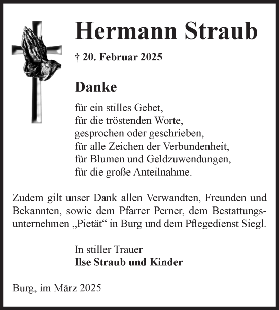 Traueranzeige von Hermann Straub von Volksstimme Burg/Genthin