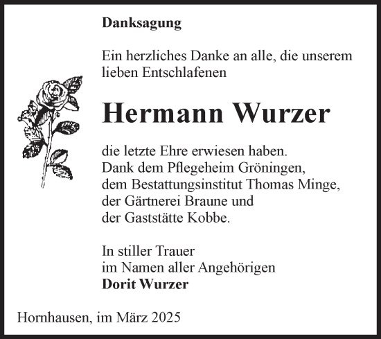Traueranzeige von Hermann Wurzer von Volksstimme Oschersleben/Wanzleben