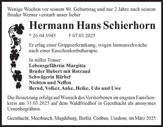 Traueranzeige von Hermann Hans Schierhorn von Volksstimme Haldensleben/Wolmirstedt