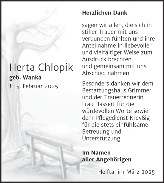 Traueranzeige von Herta Chlopik von Trauerkombi Mansfelder Land