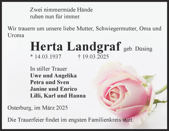 Traueranzeige von Herta Landgraf von Volksstimme Altmark Ost
