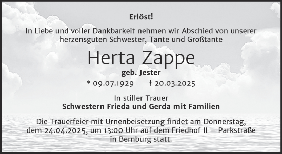 Traueranzeige von Herta Zappe von Trauerkombi Bernburg
