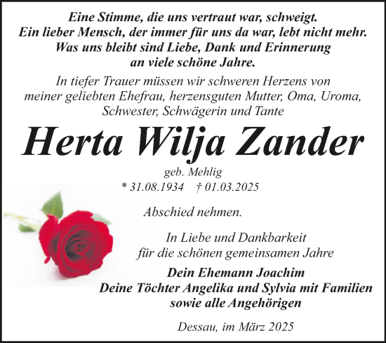 Traueranzeige von Herta Wilja Zander von Trauerkombi Dessau