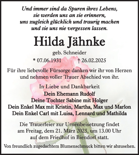 Traueranzeige von Hilda Jähnke von Trauerkombi Bernburg