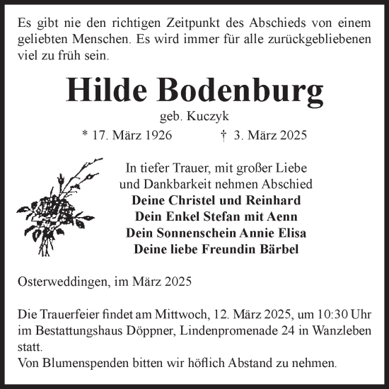 Traueranzeige von Hilde Bodenburg von Volksstimme Oschersleben/Wanzleben