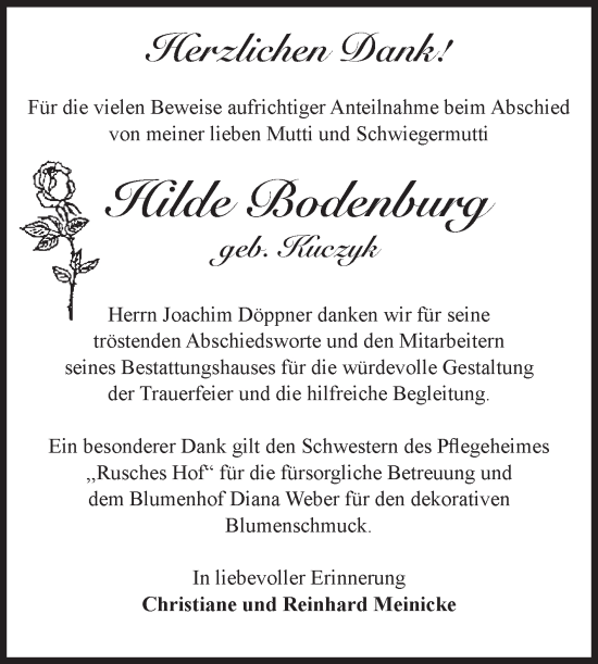 Traueranzeige von Hilde Bodenburg von Volksstimme Oschersleben/Wanzleben