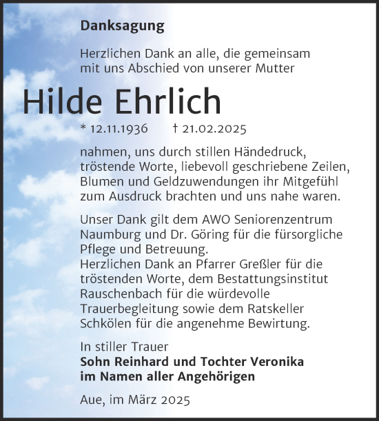 Traueranzeige von Hilde Ehrlich von Super Sonntag Naumburg/Nebra