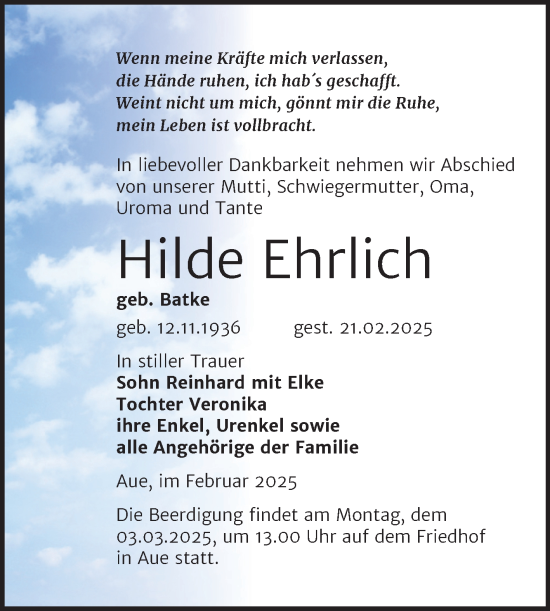 Traueranzeige von Hilde Ehrlich von Super Sonntag Naumburg/Nebra