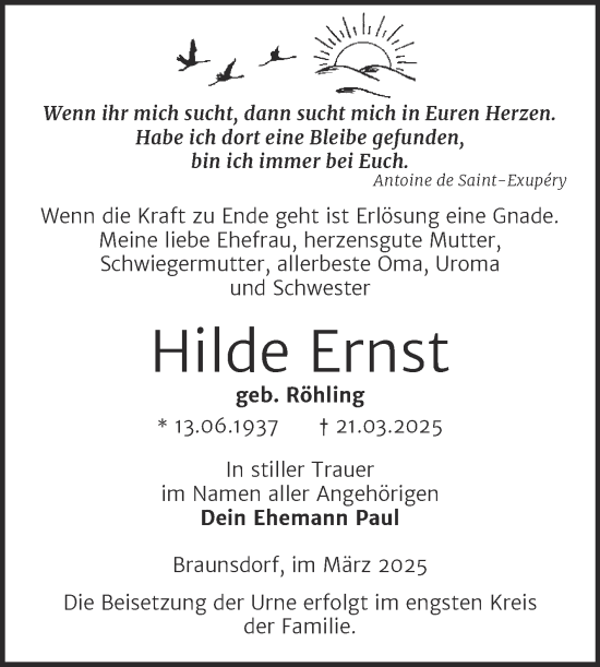 Traueranzeige von Hilde Ernst von Trauerkombi Wittenberg