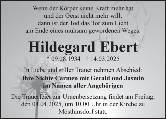 Traueranzeige von Hildegard Ebert von Mitteldeutsche Zeitung Halle/Saalkreis