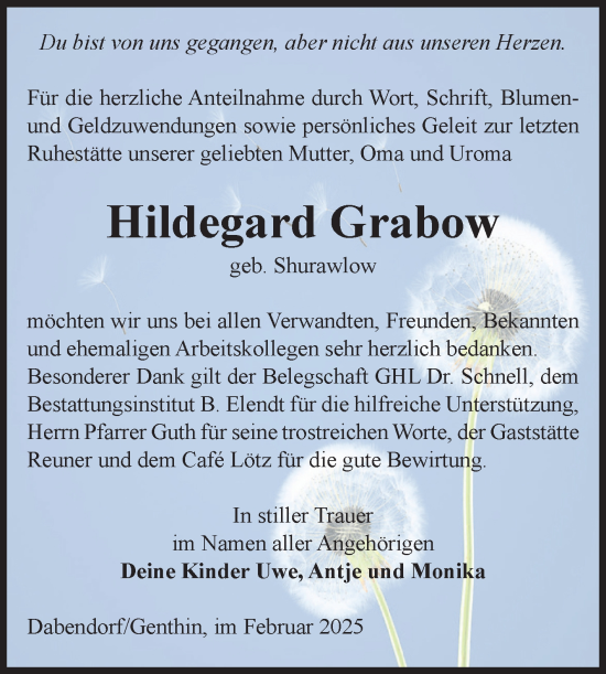 Traueranzeige von Hildegard Grabow von Volksstimme Burg/Genthin