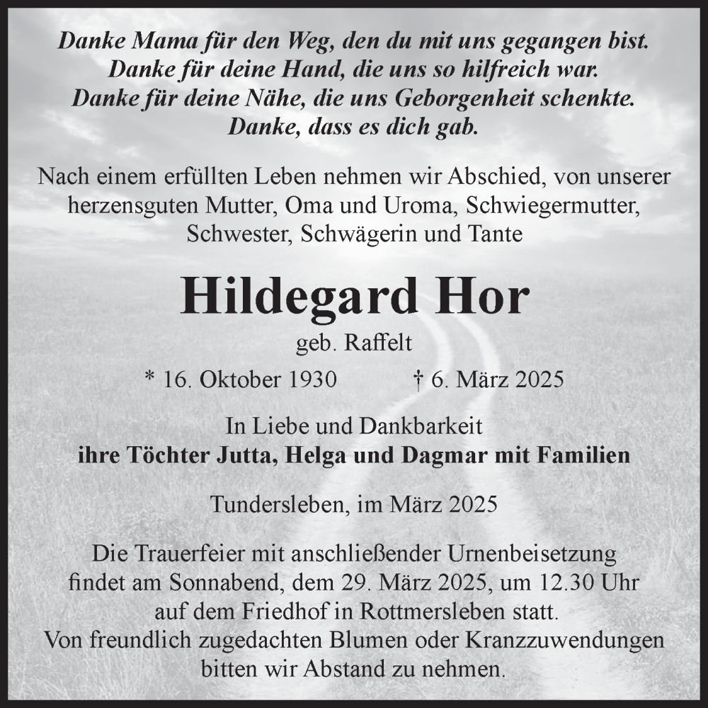  Traueranzeige für Hildegard Hor vom 15.03.2025 aus Volksstimme Haldensleben/Wolmirstedt
