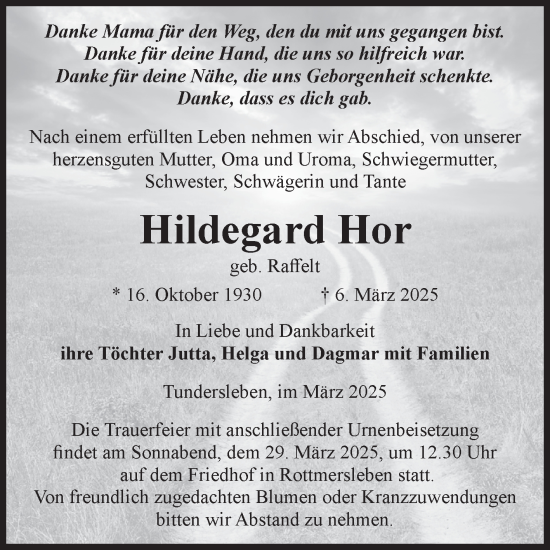 Traueranzeige von Hildegard Hor von Volksstimme Haldensleben/Wolmirstedt