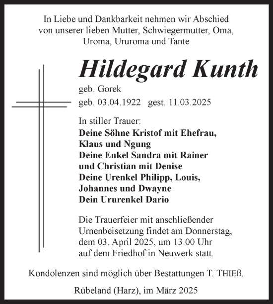 Traueranzeige von Hildegard Kunth von Volksstimme Wernigerode