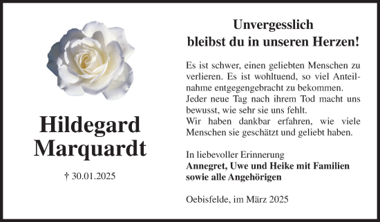 Traueranzeige von Hildegard Marquardt von Volksstimme Altmark West
