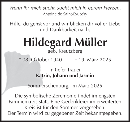 Traueranzeige von Hildegard Müller von Volksstimme Oschersleben/Wanzleben