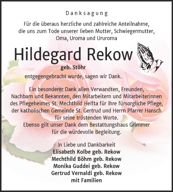 Traueranzeige von Hildegard Rekow von Mitteldeutsche Zeitung Mansfelder Land