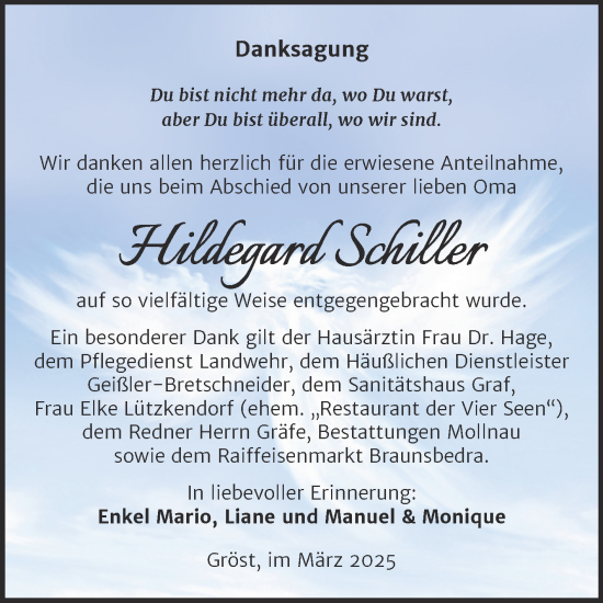 Traueranzeige von Hildegard Schiller von Trauerkombi Merseburg