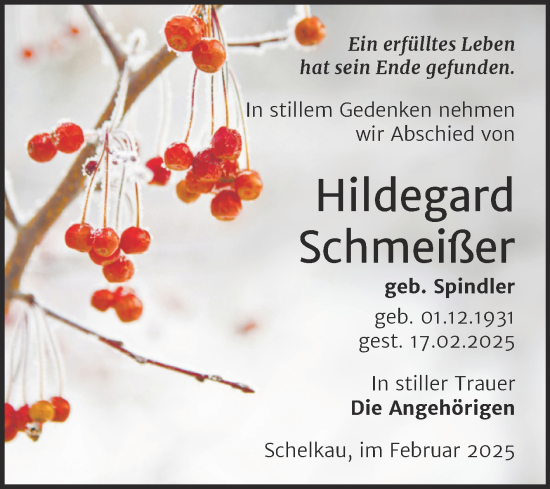 Traueranzeige von Hildegard Schmeißer von Trauerkombi Weißenfels