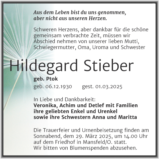 Traueranzeige von Hildegard Stieber von Trauerkombi Mansfelder Land