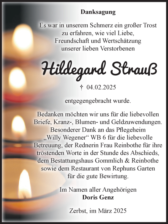 Traueranzeige von Hildegard Strauß von Volksstimme Zerbst