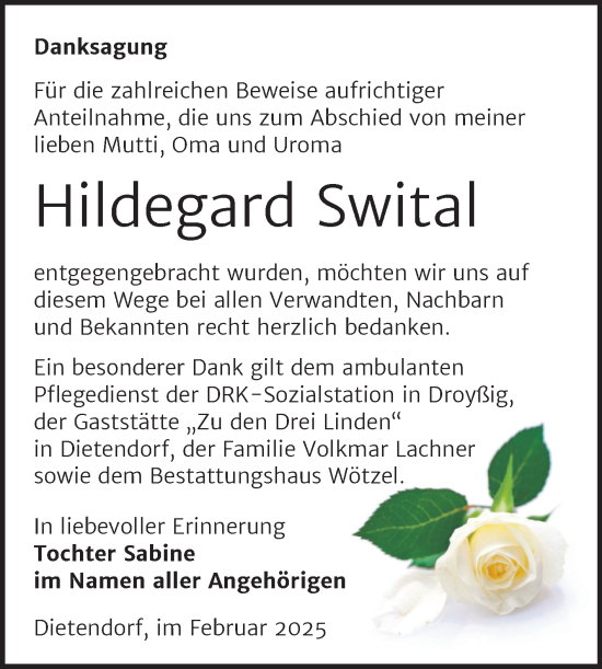 Traueranzeige von Hildegard Swital von Trauerkombi Zeitz