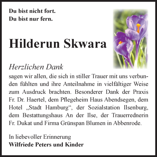 Traueranzeige von Hilderun Skwara von Volksstimme Wernigerode