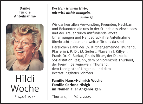Traueranzeige von Hildi Woche von Trauerkombi Bitterfeld