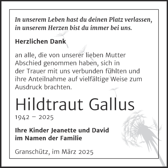 Traueranzeige von Hildtraut Gallus von Trauerkombi Weißenfels