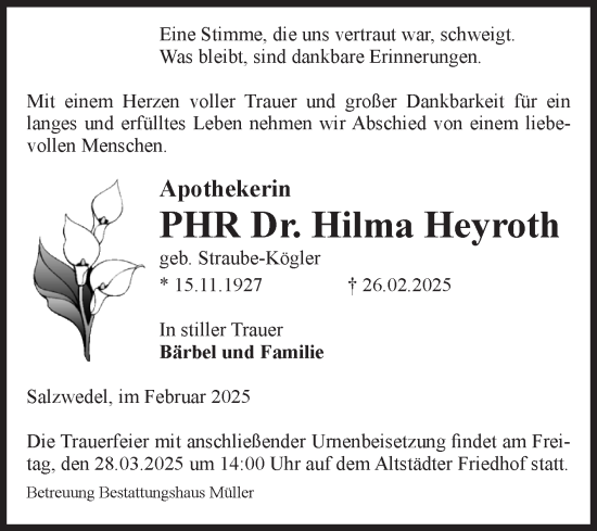 Traueranzeige von Hilma Heyroth von Volksstimme Altmark West