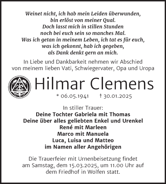 Traueranzeige von Hilmar Clemens von Trauerkombi Bitterfeld