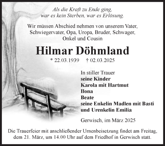 Traueranzeige von Hilmar Döhmland von Volksstimme Burg/Genthin