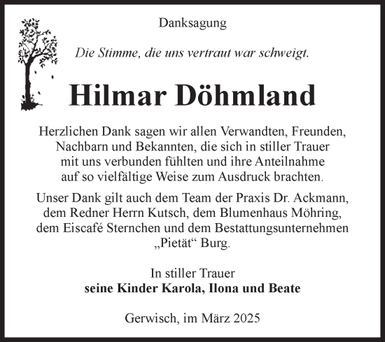 Traueranzeige von Hilmar Döhmland von Volksstimme Burg/Genthin
