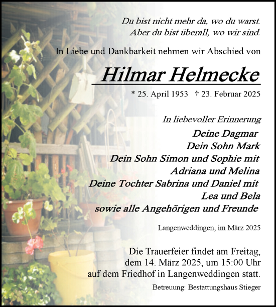Traueranzeige von Hilmar Helmecke von Volksstimme Oschersleben/Wanzleben