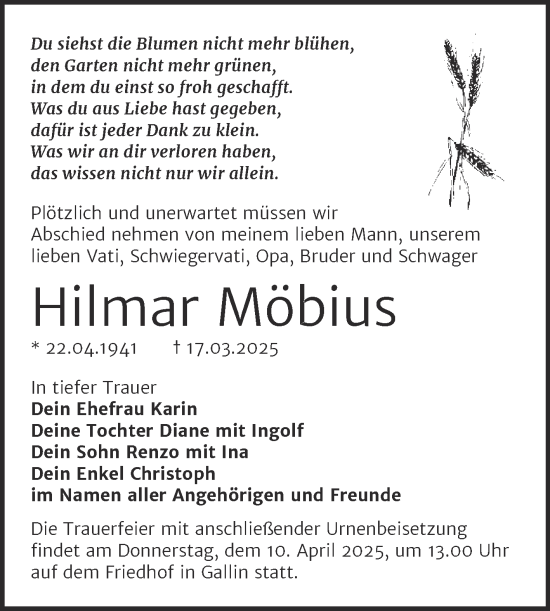 Traueranzeige von Hilmar Möbius von Trauerkombi Wittenberg