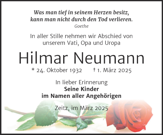 Traueranzeige von Hilmar Neumann von Trauerkombi Zeitz
