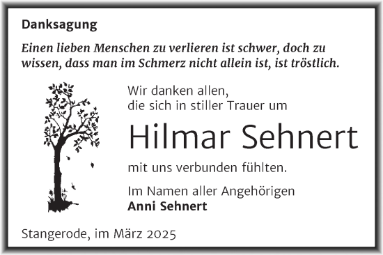 Traueranzeige von Hilmar Sehnert von Trauerkombi Mansfelder Land