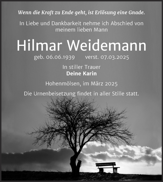 Traueranzeige von Hilmar Weidemann von Trauerkombi Weißenfels