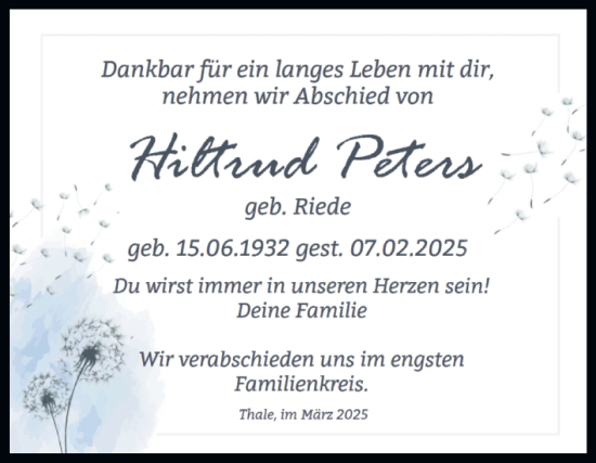 Traueranzeige von Hiltrud Peters von Trauerkombi Quedlinburg