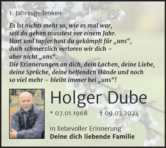 Traueranzeige von Holger Dube von Trauerkombi Quedlinburg