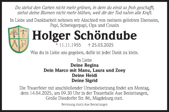 Traueranzeige von Holger Schöndube von Volksstimme Magdeburg