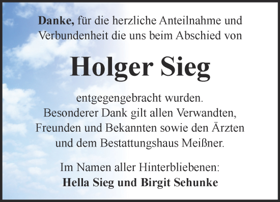 Traueranzeige von Holger Sieg von Trauerkombi Sangerhausen